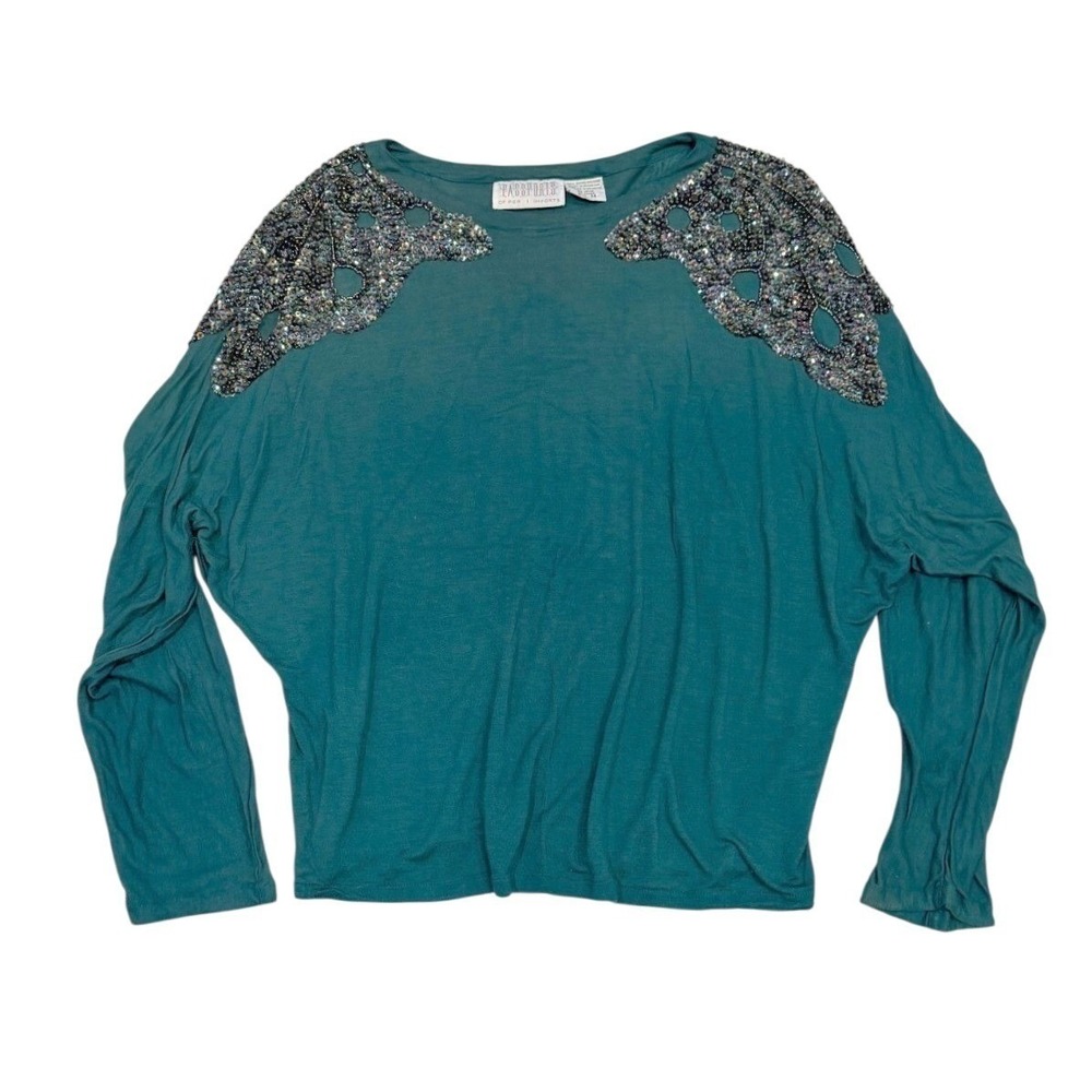 VTG Passports Womens M Teal Beaded Sequin Dolman Sleeve 100% Rayon Sweater Top
